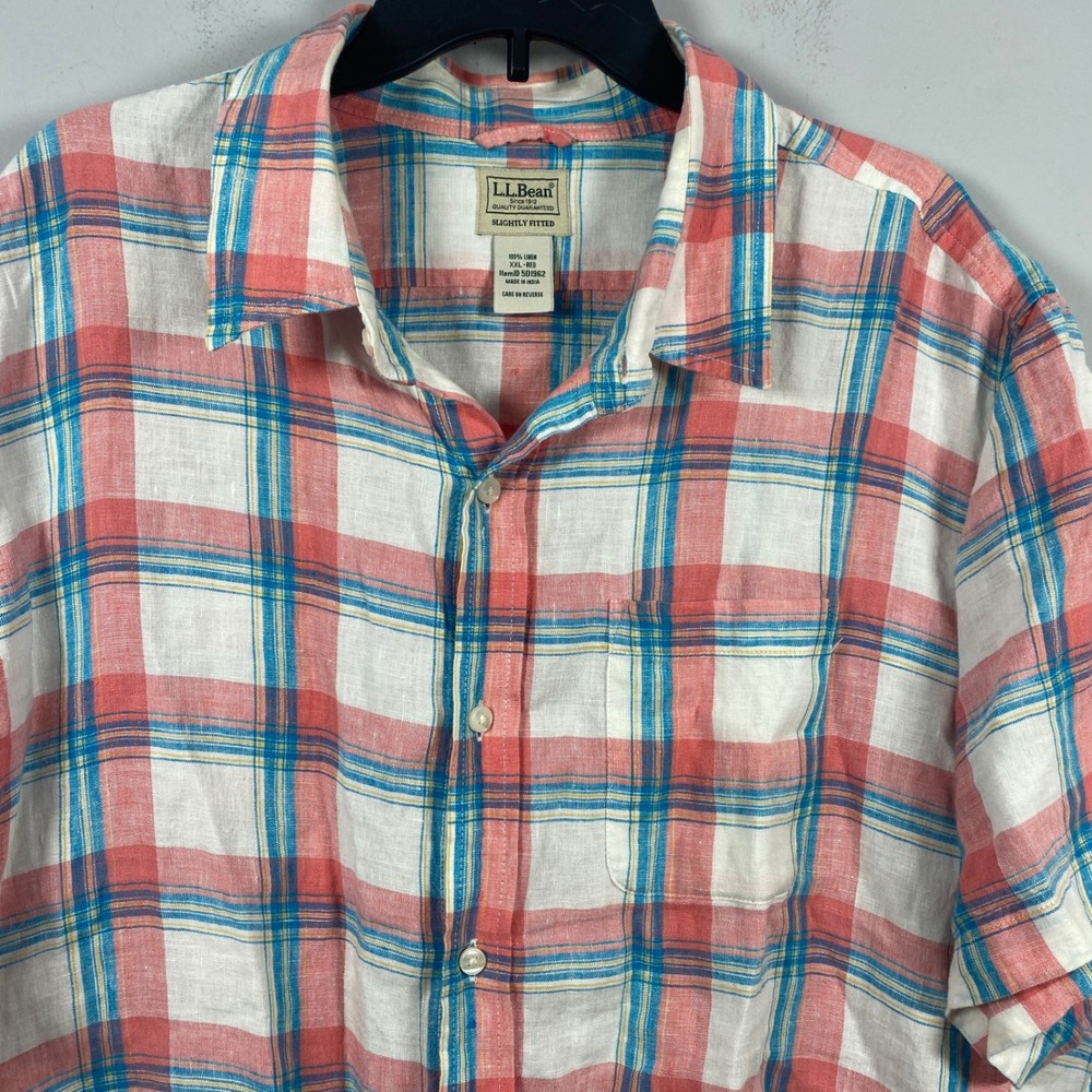 L.L. Bean Button Up Shirt Men's XXL Plaid 100% Linen Slightly Fitted 501962